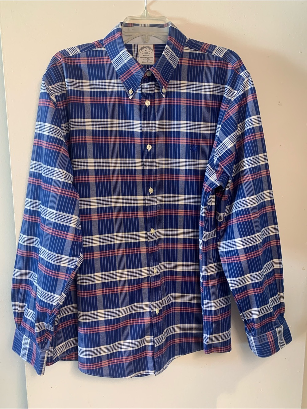 Brooks Brothers Blue Plaid Button-Down Shirt with Red and White Accents